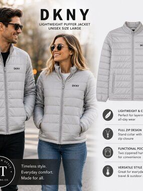DKNY Gray Quilted Puffer Jacket Lightweight Full Zip Unisex Size Large